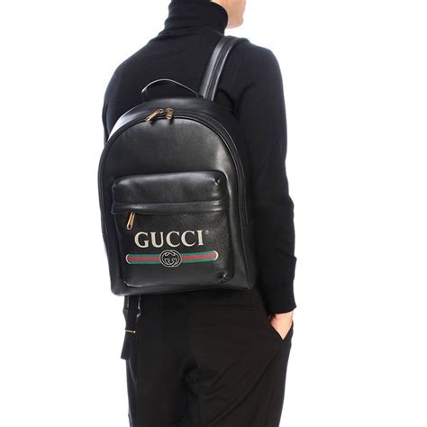 Gucci Large Backpack In Textured Leather With Vintage Print Black