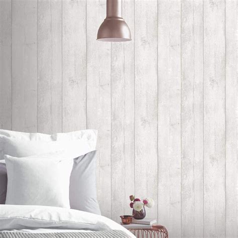 White Washed Wood Panel Effect Wallpaper Worn Distressed Grey White Y L