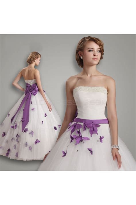 Ball Gown Strapless Purple White Wedding Dresses Bridal