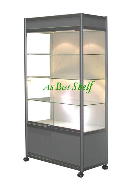 All Silver Glass Display Cabinet With Wheels And Lights Lockable Showcase Display Case On