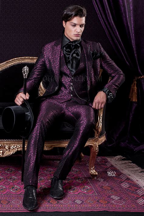 Baroque Short Tail Slim Fit Groom Suit In Purple Damasked Slim Fit
