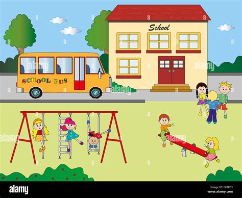 Illustration Of School With Children In Playground Stock Photo Royalty