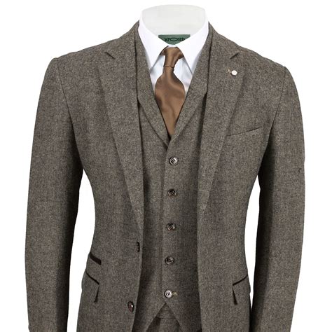 Free shipping worldwide and returns. Mens Wool Mix 3 Piece Suit Vintage Herringbone Tweed ...