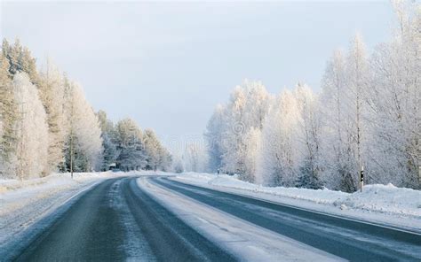 Winter Road And Snowy Forest In Cold Finland Reflex Stock Image Image