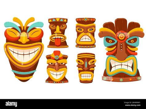 Conjunto De Máscaras Tradicionales Hawaianas De Tiki Tribal Colección De Máscaras O Totems