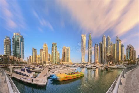 Panoramic View Of Dubai Marina Bay With Yacht And Cloudy Sky Dubai