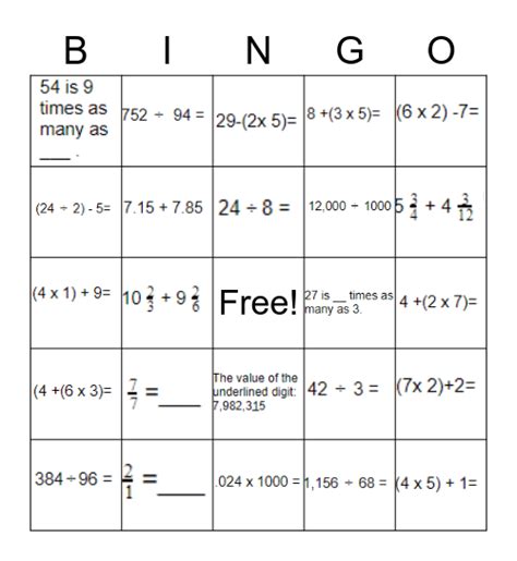 5th Grade Math Bingo Board Bingo Card