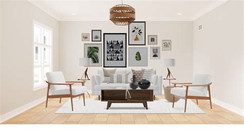 Mid Century Modern Boho Living Room Set With Gallery Wall Spacejoy
