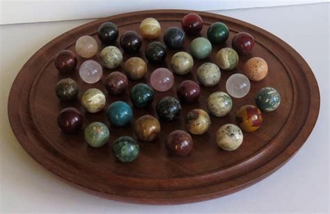 Large Marble Table Solitaire Game With 37 Mineral Stone Marbles Circa