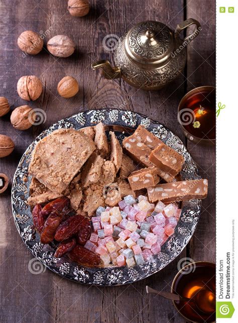 Oriental Sweet On Silver Plate Turkish Delight Halva Dates And