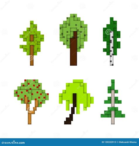 Various Pixel Art Trees Isolated On White Cartoon Vector