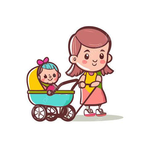 Babysitter Clipart Character Is Pushing A Stroller With Her Little