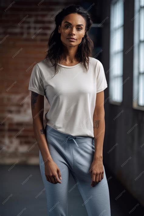 Premium Photo A Woman Wearing A White T Shirt Stands In Front Of A
