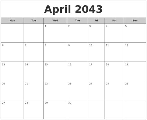 April 2043 Free Monthly Calendar