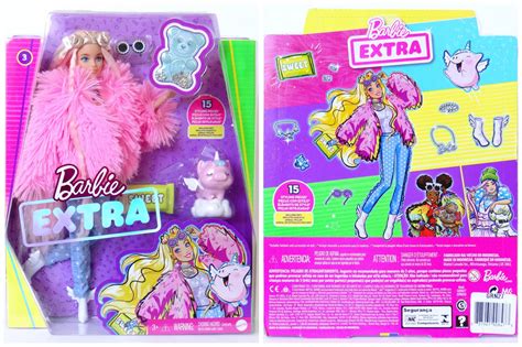 Barbie Extra Doll 3 In Pink Fluffy Coat With Pet Unicorn Pig Extra