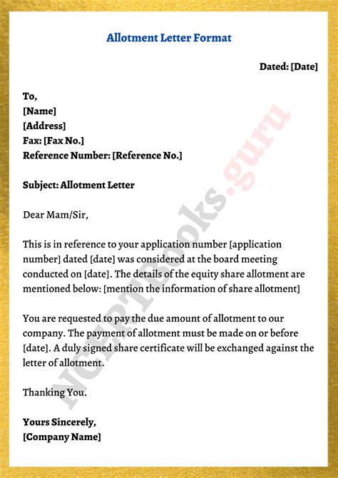 Allotment Letter Writing Guidelines Format Samples Of Allotment Letter