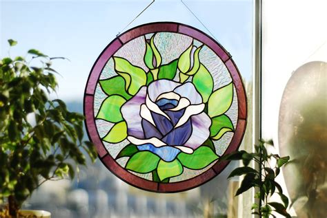 Purple Roses Stained Glass Panel Round Stained Glass Window Etsy