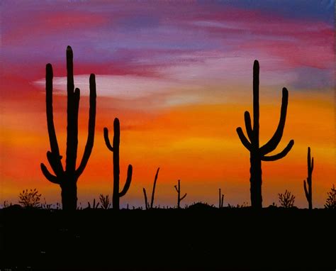 Sunset In Arizona Desert Original Oil Painting On Canvas Cactus