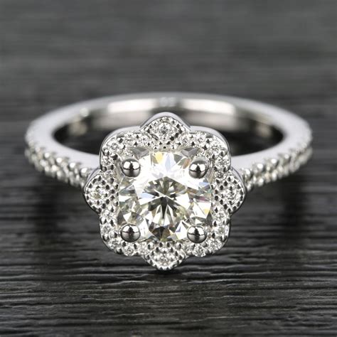 Floral Beaded Halo Diamond Engagement Ring 090 Ct Diamond