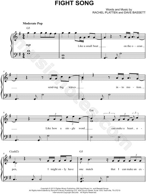 Of all these easy pop songs to play on piano, you'll want to sing along to this the most. Rachel Platten "Fight Song" Sheet Music (Easy Piano) in G Major - Download & Print - SKU: MN0151532