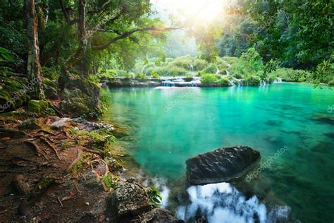 Cascades National Park In Guatemala Semuc Champey At Sunset — Stock