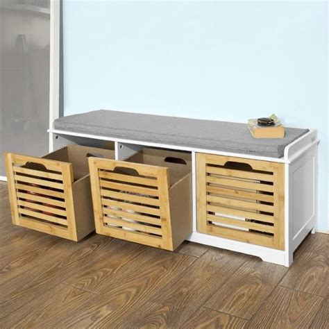Banc de Rangement avec coussin rembourré et 3 cubes, Meuble d'Entrée