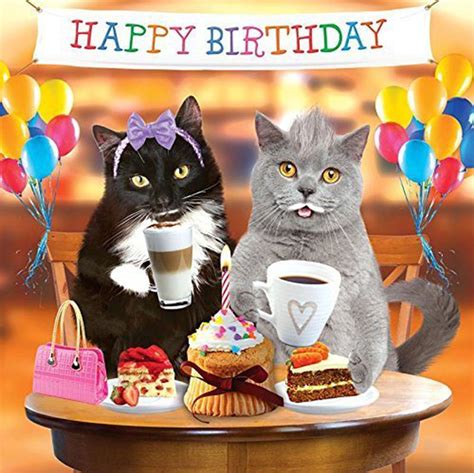 Funny Cats 3d Holographic Birthday Card Tea Party Cake And Balloons
