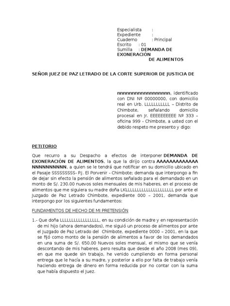 Demanda Exoneracion De Alimentos Modelo Pdf Manutención De Los