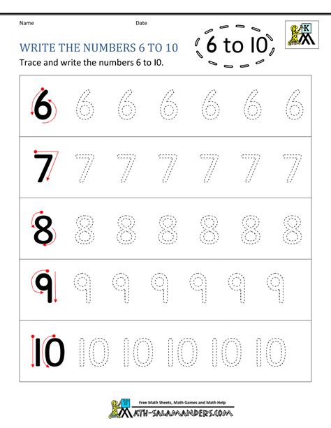 Writing Numbers 6-10 Worksheet