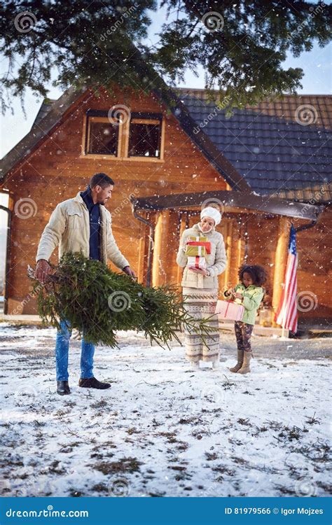 Happy Holiday Child With Her Parents Prepare Christmas Happy Stock