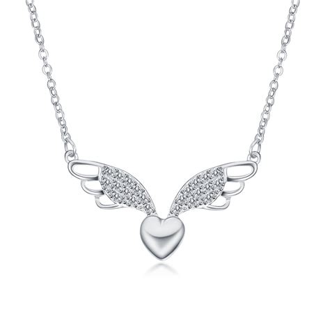Womens 925 Sterling Silver Diamante Angel Wing Heart Drop Pendant