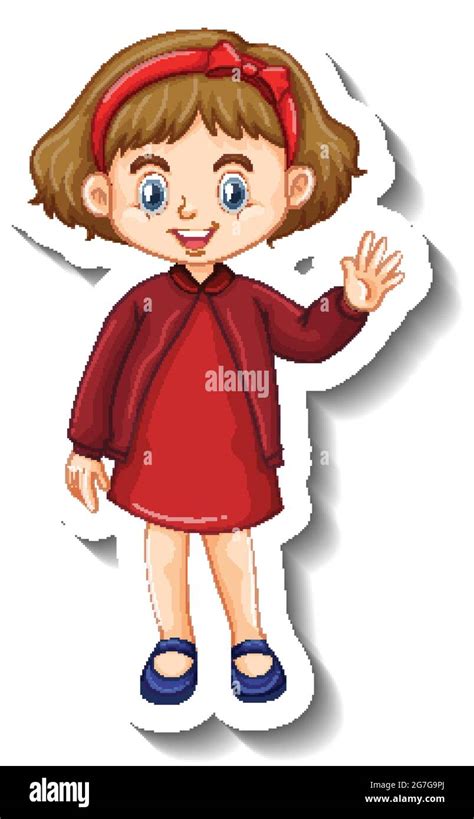 Little Girl In Red Dress Cartoon Character Sticker Illustration Stock