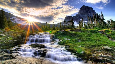 Waterfall Stream And Landscape Of Mountains With Sunbeam Hd Nature