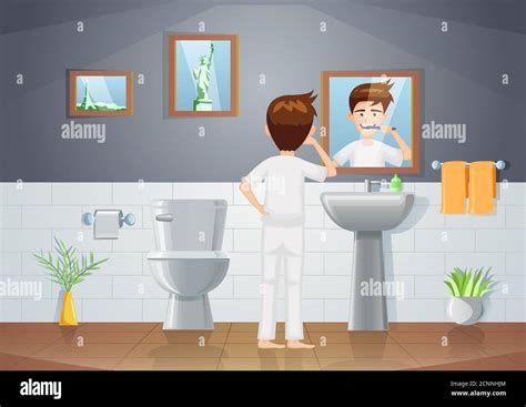 Cartoon Version Of Bathroom Scene With Man Brushing Teethvector
