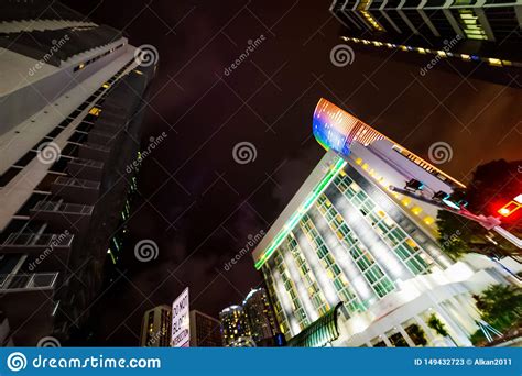Colorful Skyscrapers In Downtown Miami At Night Stock Image Image Of