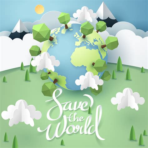 Paper Art And Origami Of Earth With Save The World Lettering 332544