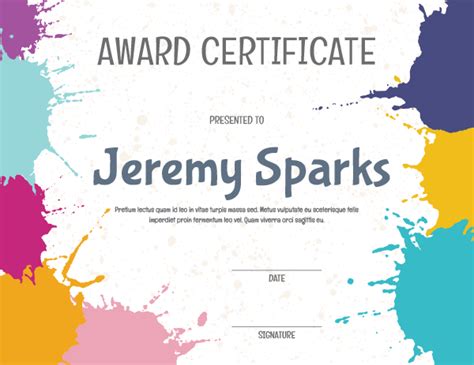 Printable Bright Paint Splatter Award Certificate Template Award