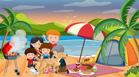 Escena De Picnic Con Familia Feliz En La Playa 1482527 Vector En Vecteezy