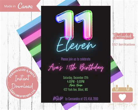 Neon 11th Birthday Invitation Glow Party Invite Eleventh Birthday For