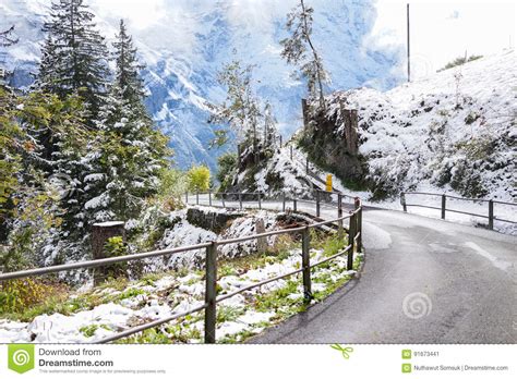 Mountain Curve Road Covered With Snow And Green Meadows In Winter