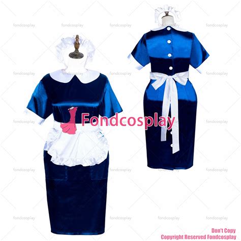 fondcosplay adult sexy cross dressing sissy maid short french button navy blue satin dress white