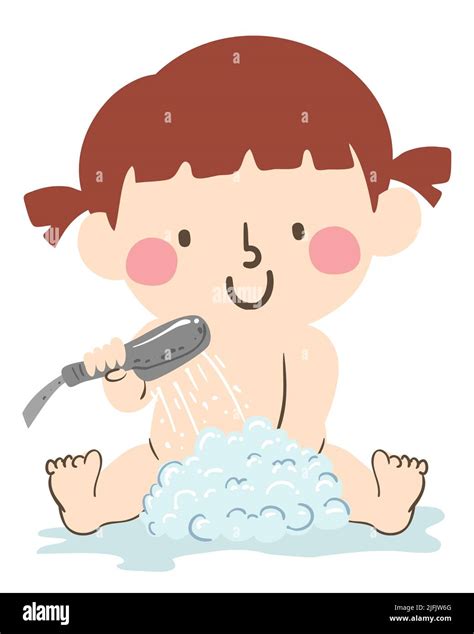 Ilustración De Kid Girl En Un Baño Sentada Y Limpieza Con Burbujas De