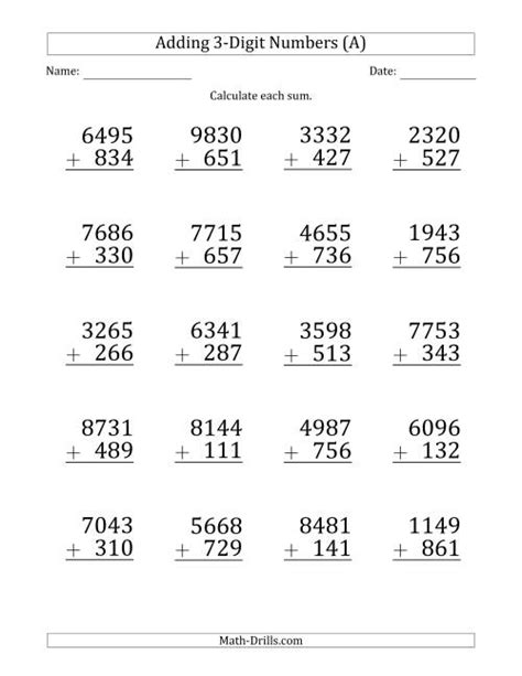 Large Print 4 Digit Plus 3 Digit Addition With Some Regrouping A