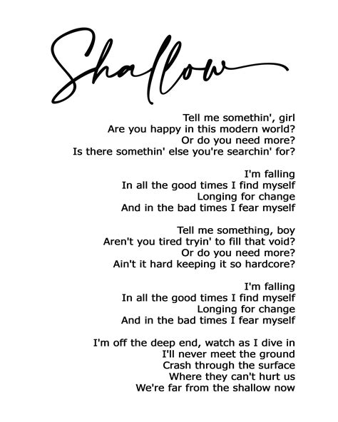 Shallow Lyric Art Lyrics Song Print Etsy