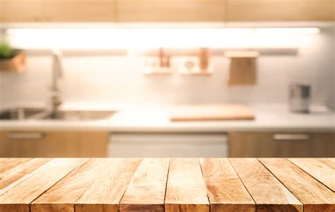 Wood Table Top On Blur Kitchen Room Interior Background Foto De Stock Y