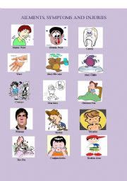 Learn the vocabulary used for injuries ailments and symptoms using pictures. Ailments and injuries worksheets