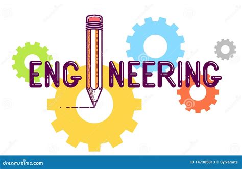 Engineering Word With Pencil Instead Of Letter I And Cogs Gears