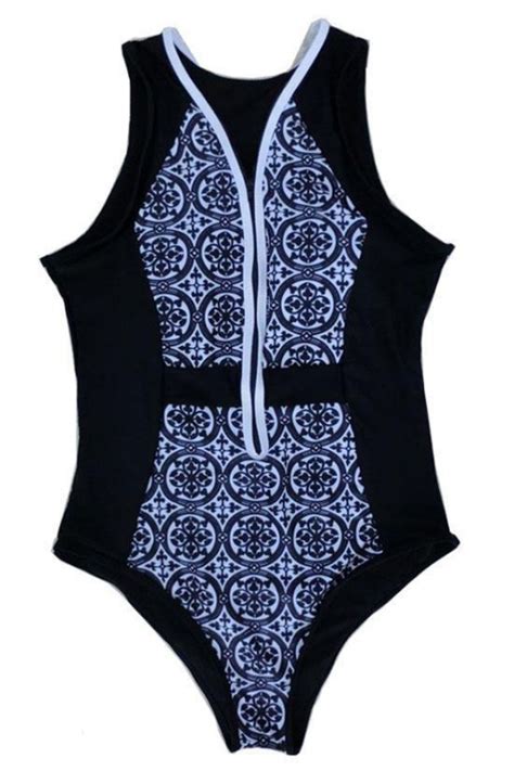 Black Sporty Zippered One Piece Swimsuit Fabzop