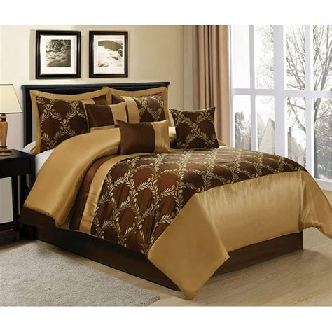 Hig 7 Piece Comforter Set King Chocolate And Gold Taffeta Fabric