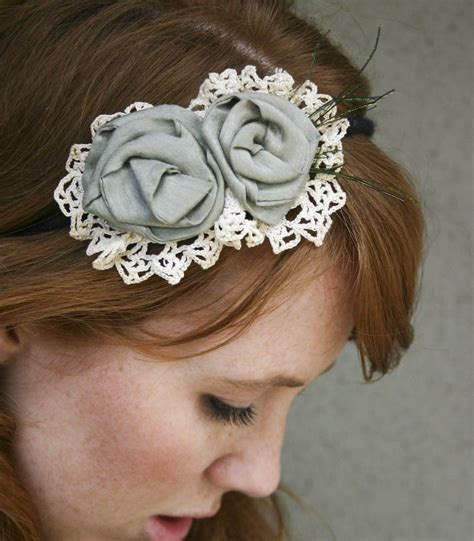 Handmade Flower Headband With Vintage Lace And Sage Roses Headbands For
